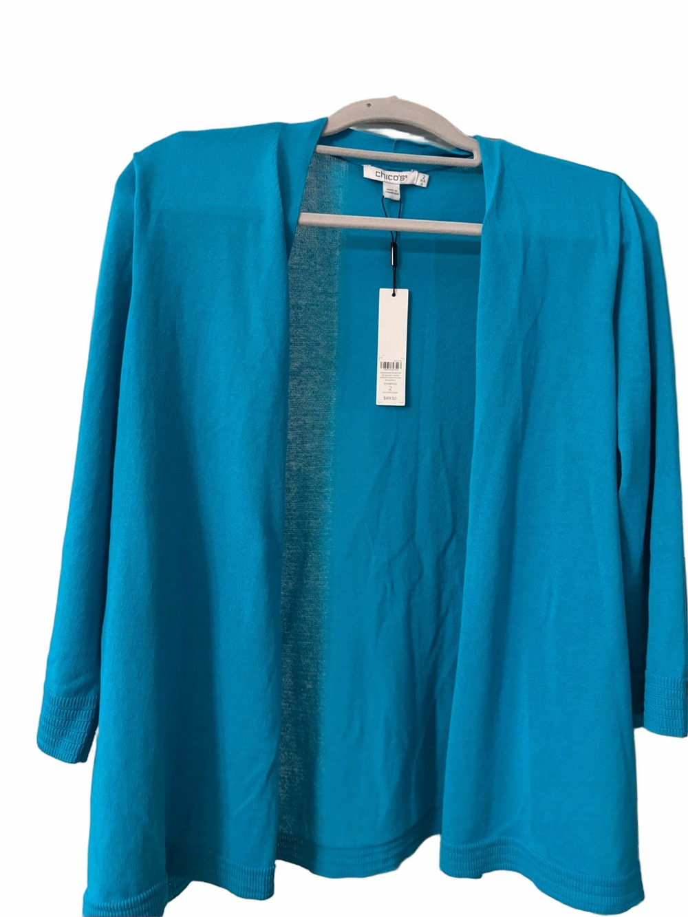 Chicos open front turquoise 3/4 sleeve cardigan NWT Chicos size 2 large size 12
